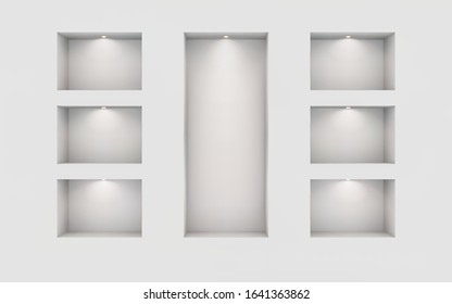 Seven illuminated niches on a white wall. Place for an exhibition. Top view mockup template for design. Light effect on a separate layer. Vector.