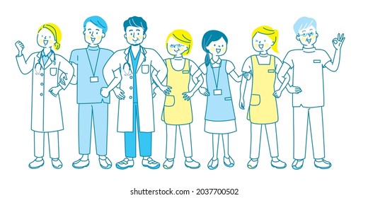 Seven international healthcare workers laughing with their arms crossed