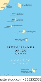 Seven Islands of Izu, Tokyo Prefecture, Japan, political map. The name comes from the fact that there were seven main inhabited islands in the Izu Islands during the Edo period. Illustration. Vector