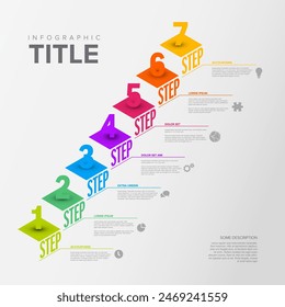 Seven isometry steps with big numbers rescription and icons. Multipurpose infographic template with seven steps or options as a stairs in fresh rainbow colors