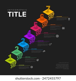 Seven isometry steps with big numbers rescription and icons. Multipurpose dark infographic template with seven steps or options as a stairs in fresh rainbow colors