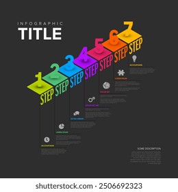 Seven isometry steps with big numbers rescription and icons. Multipurpose dark infographic template with seven steps or options as a stairs in fresh rainbow colors