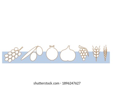 Seven kinds of fruit typical of the Land of Israel. Jewish custom to eat them at Tu Bishvat. Illustrated vector background