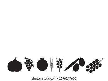 Seven kinds of fruit typical of the Land of Israel. Jewish custom to eat them at Tu Bishvat. Illustrated vector background