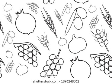 Seven kinds of fruit typical of the Land of Israel. Jewish custom to eat them at Tu Bishvat. Illustrated vector background