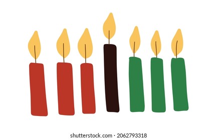 Seven Kwanzaa kinara candles in traditional African colors - red, black, green. Simple vector illustration, drawing candles clip art for Kwanzaa festival.