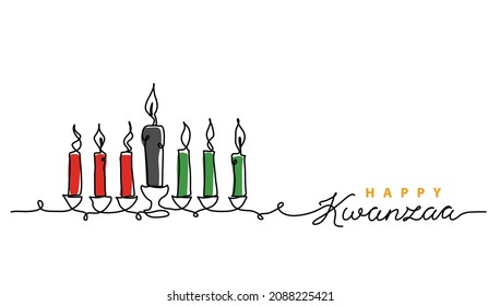 Seven Kwanzaa kinara candles in traditional African colors - red, black, green. Simple vector illustration. One continuous line art drawing candles for Kwanzaa festival.