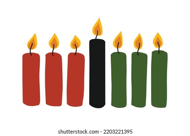 Seven Kwanzaa kinara candles in traditional African colors - red, black, green. Simple hand drawn vector illustration, drawing candles clip art for Kwanzaa celebration.