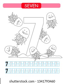 Seven. Learning number 7. Coloring printable worksheet for kindergarten and preschool. Jellyfish. 