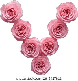 Seven light pink roses are artfully arranged to form the letter "V" against a white background, creating a visually appealing and elegant floral design.
