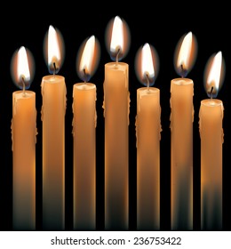 Seven Lighted Candles isolated on black. AI10 .eps has radial and gradient mesh objects.