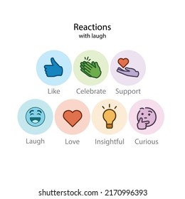 Seven LinkedIn reactions for advertising and social media posts. Vectors of reaction icons of including Like, Celebrate, Support, Laugh, Love, Insightful and Curious.