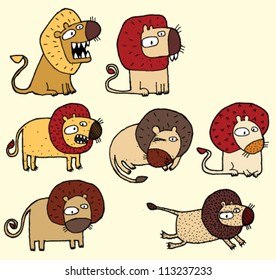 Seven Lions: hand drawn cartoon illustration of seven funny lions