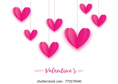 Seven Love Pink Hearts in paper cut style. Romantic Holidays. Origami Valentine's Day Greetings Card. 14 February.