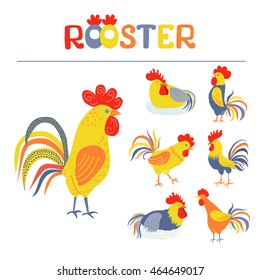 Seven lovely cockerels on a white background. Illustration in flat style. Rooster Set, with Standing rooster, Cock crowing. Cock-a-doodle-doo. Cockerel sleeps. Rooster symbol of Chinese New Year svg
