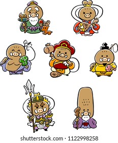 
Seven Lucky God New Year's cards of boar
