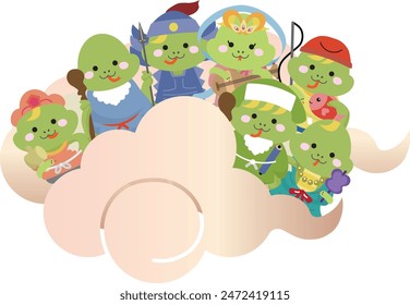 Seven Lucky Gods set of zodiac snakes coming on clouds