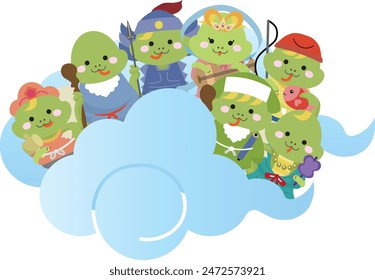 Seven Lucky Gods set of zodiac snakes coming on clouds