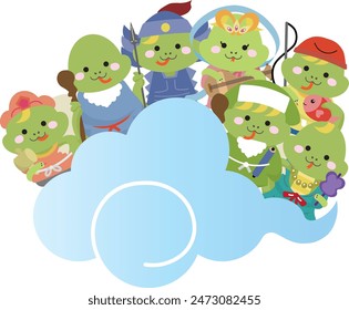 Seven Lucky Gods set of zodiac snakes coming on clouds
