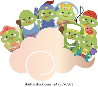 Seven Lucky Gods set of zodiac snakes coming on clouds