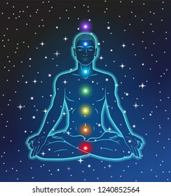 Seven major chakras. A person sitting in a meditative yoga position. Silhouette glowing in space. Cosmos, stars.