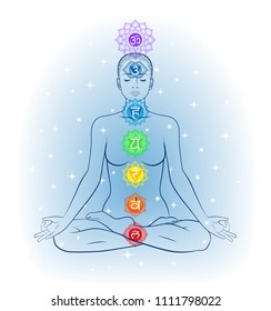 Seven major chakras. Woman sitting in meditation position of yoga.