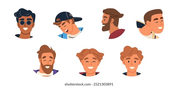 Seven male faces with different hairstyles and expressions. Ideal for character design, graphic design, animation, social media avatars, and educational materials. Cartoon style with vibrant colours