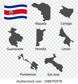 Seven Maps  Provinces of Costa Rica - alphabetical order with name. Every single map of Province are listed and isolated with wordings and titles. Costa Rica. EPS 10.