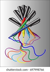 Seven markers of different colors on gray gradient background