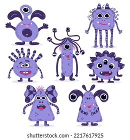 Seven monsters in purple. A set of cartoon aliens. Isolated gremlins. Vector scarecrows with round, rectangular and triangular shaped bodies.