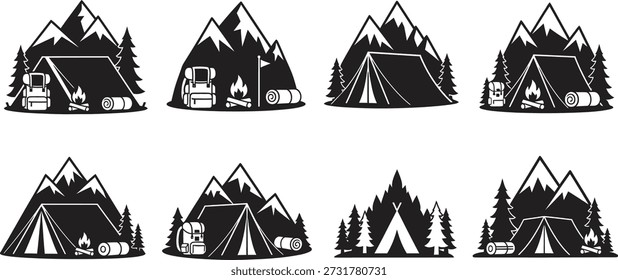 Seven mountain silhouettes with hut and tree designs in black and white