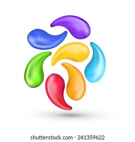 seven moving rainbow colored shapes on white background
