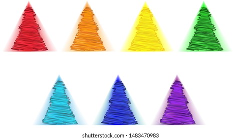 seven multi-colored Christmas trees with a glow drawn by doodles on a white background.