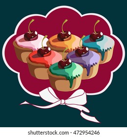 Seven multi-colored cupcakes wrapped bow. On the pink and green background. Vector
