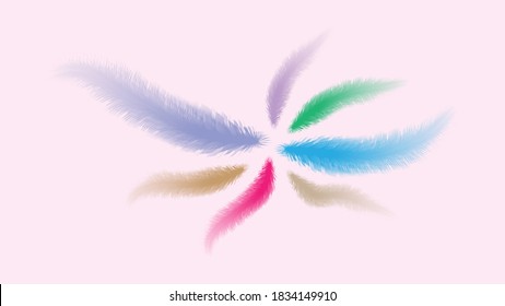 Seven multi-colored feathers on a light background