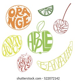 Seven multicolored fruit names written inside by hand