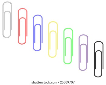 Seven multicolored paper clips isolated on white background