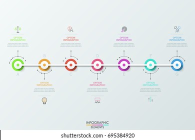 Seven multicolored round elements connected by white horizontal line, linear pictograms and text boxes. Concept of 7 daily achievements. Futuristic infographic design layout. Vector illustration.