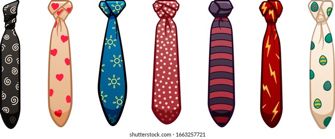 Seven neckties of different colors and patterns set isolated illustration. White background, vector.