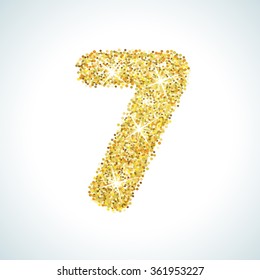 Seven number in golden style. Vector illustration gold design. Formed by yellow shapes. For party poster, greeting card, banner or invitation. Cute numerical icon and sign.