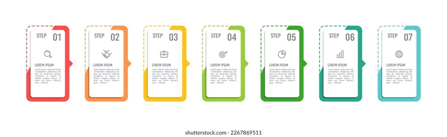 Seven numbered rectangular frames with information and icons. Simple infographic for business presentation. Vector illustration.