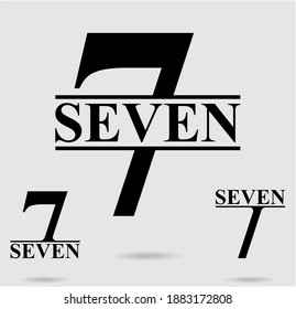 Seven; numeral and word logo for number. Seven letter with seven figure logo design. Number names typography design. Serif font design.  Text logo studies for all numbers.