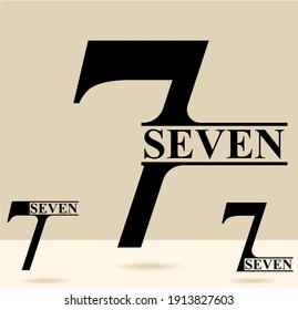 Seven; numeral and word logo for number. Seven letter with seven figure logo design. Number names typography design. Serif font design.  Text logo studies for all numbers.