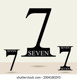 Seven; numeral and word logo for number. Seven letter with seven figure logo design. Number names typography design. Serif font columnar letter design.  Text logo studies for all numbers.