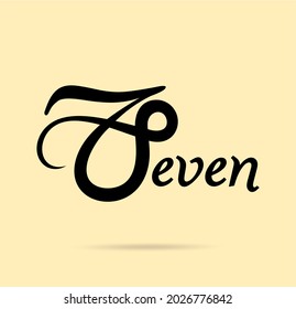 Seven; numeral and word logo for number. Handwriting seven letter with seven figure logo design. Number names typography design. Text logo and numeral logo studies for all numbers.