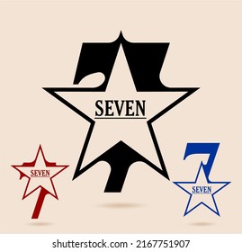 Seven; Numeral And Word Logo For Number. Seven With Star Shaped Logo Design. Number Names Typography Design. Serif Font Design.  Text Logo Studies For All Numbers.