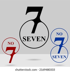 Seven; numeral and word logo for number. Seven letter with seven figure logo design. Number names typography design. Serif font design with fused into a round frame. Text logo studies for numbers.