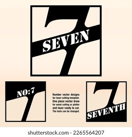 Seven; numeral word logo for number. Seven letter in square box and stencil name. One piece vector draw ready for cut or laser cutting. Text serif font logo and numeral logo studies for all numbers.