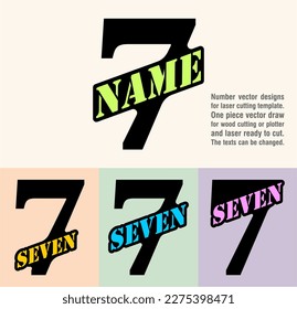 Seven; numeral and word logo for number. Special welded text area and stencil name on the number. Number designs for laser cutting template. Serif font logo and numeral logo studies for all numbers.