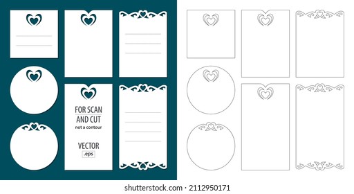 siete etiquetas de apertura de diferentes formas con corazones y rizos 
sobre un fondo azul, plantilla vectorial 